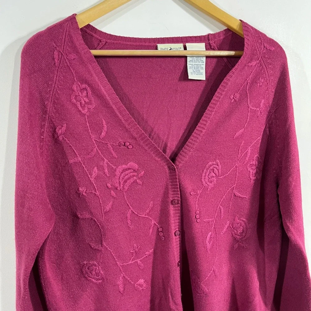 WhiteStag VTG 90 Folk Boho Floral Embroidered Cottagecore Cardigan Sweater 12 14